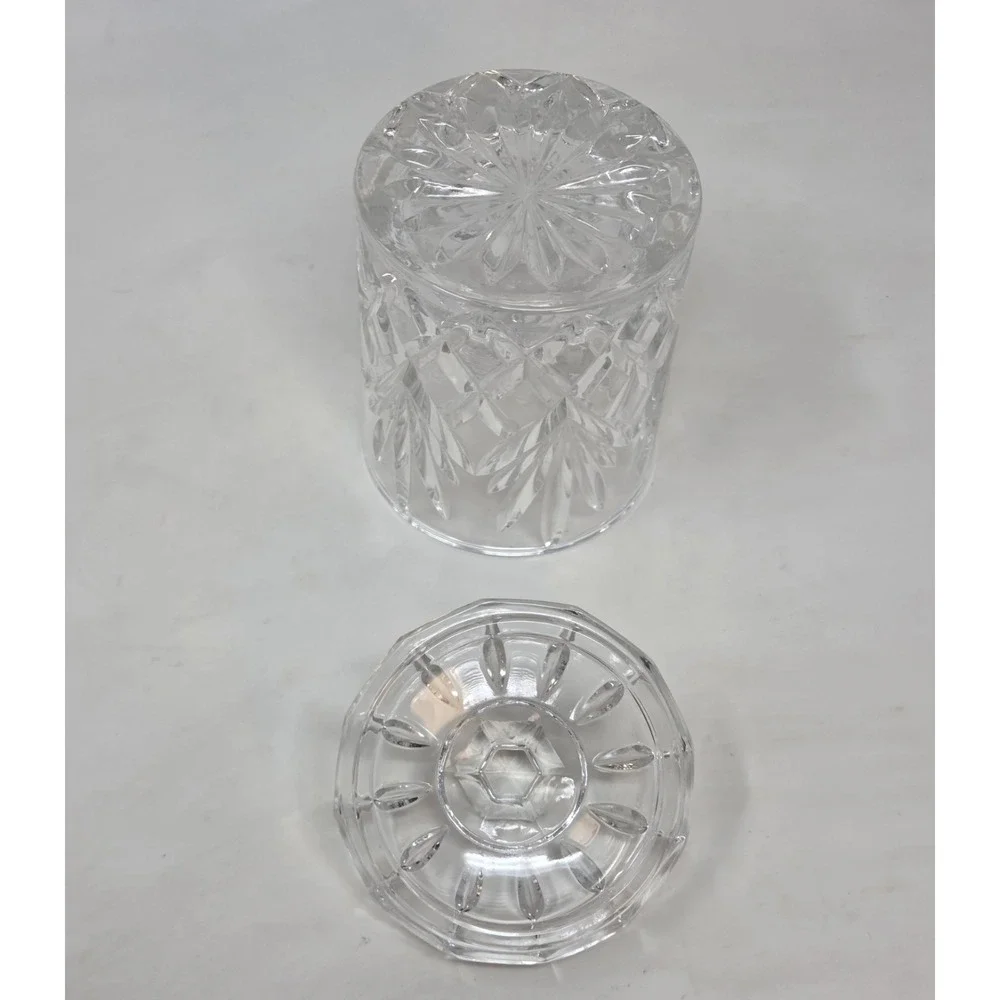 Cut Lead Crystal Biscuit Jar Lidded Diamond Fan Pattern Faceted Knob Candy Dish